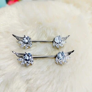 Angel Wings Nipple Rings 316L stainless Steel With Crystal (2 pieces) - Picture 1 of 3