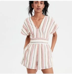 American Eagle Striped Linen Blend Romper Women Size XS Kimono Sleeve - Picture 1 of 14