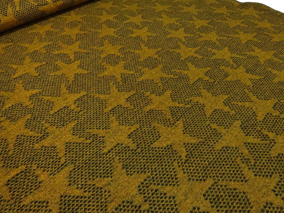 Stoffrest 48x150cm Jacquard Strickstoff Sterne Feinstrick curry ocker schwarz  - Bild 1 von 1