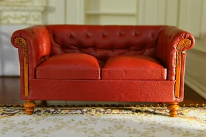 Dollhouse Sofa Double Sofa Well Made Red Deluxe Leather 1/12 Scale Furniture - Picture 1 of 3