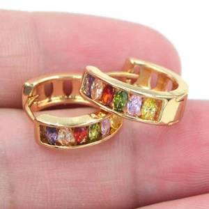 18K Yellow Gold Filled Women Rainbow Topaz Hoop Huggie Earrings - Picture 1 of 4