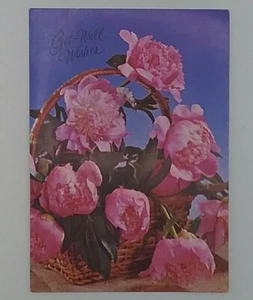 Vintage Get Well Card, 'Get Well Wishes' Basket Of Pink Roses - NOS - Bild 1 von 3