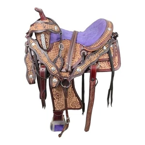 Hecho a mano Western Niños Jóvenes Adultos Barril Caballo Sillín Juego de Tachuelas de Cuero Tooled - Imagen 1 de 6