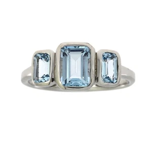 Emerald Cut Blue Topaz Three Stone Bezel Cut Sterling Silver Ring - Picture 1 of 2