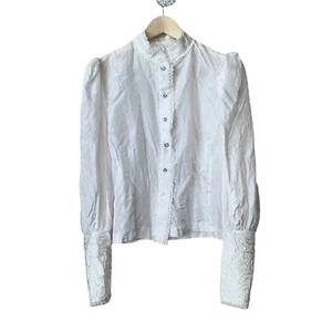 High Neck Victorian Steampunk Blouse Fitted Sleeve Rhinestone Buttons Lace White - Picture 1 of 13