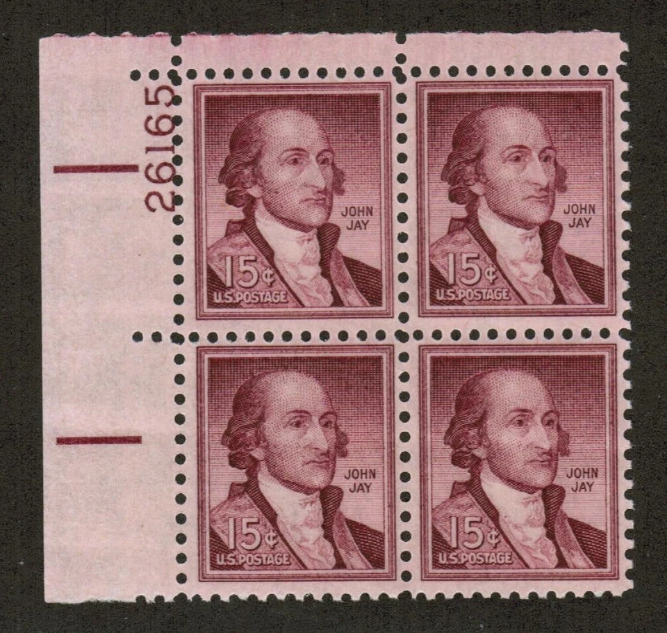 US USA Sc# 1046a MNH FVF PLATE # BLOCK John Jay Statesman Patriot Diplomat Tag - Image 1 of 1