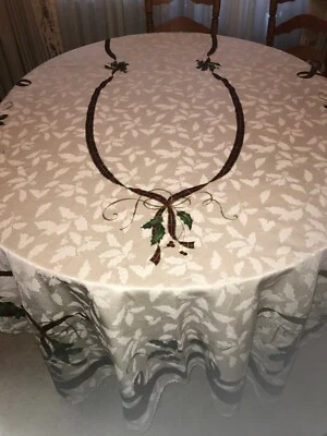 LENOX TABLECLOTH 118" x 58" Ribbon & Holly- Off White, Excellent condition - Image 1 of 4