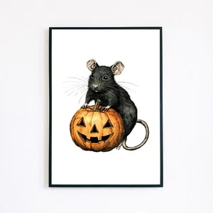 Black Rat Pumpkin Cute Halloween Mouse Illustration A5 Wall Decor Art Print - Picture 1 of 2