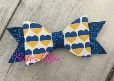 SISTER CLIPS Help for Ukraine handmade girls glitter 4" bow hair clip 20% charity donation