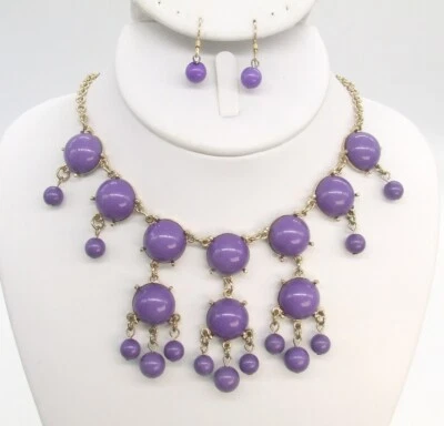 17.5" Gold-P Smooth Purple Bubble Bead Dangle Bib Chain Choker Necklace/Earrings - Image 1 of 3