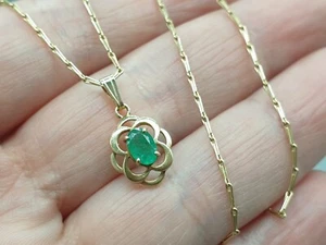 9ct Yellow Gold Emerald Pendant Necklace 9K 1mm Barleycorn Chain 16" 2.25g - Picture 1 of 8