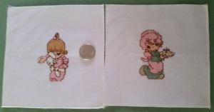 Lot Of 2 Finished Completed Cross Stitch Precious Moments ~ Bunny, Pie ~ 2" x 3"