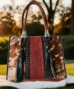 One Of A Kind Genuine Cowhide Leather Tote Bag Tan Handbag Western Hair On Hide - Bild 1 von 12