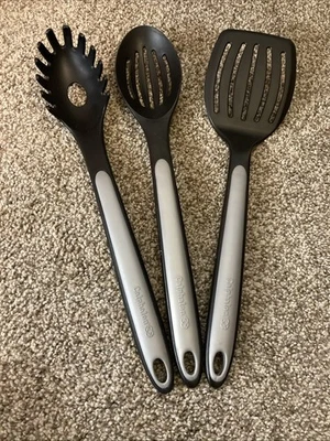 Calphalon Set Slotted Spoon Spatula Pasta Fork Black Nylon Gray Silicone Handles - Image 1 of 4