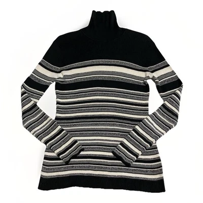 New York & Company Turtleneck Sweater Women’s M Black Gray Off-White Striped - Image 1 of 4