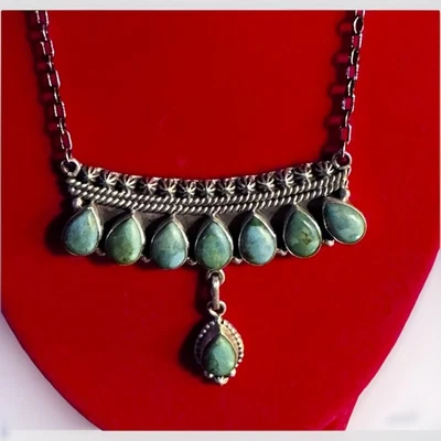 Southwest Style Sterling Turquoise Bar Statement Necklace Ret$375 New 9 Stones - Image 1 of 4