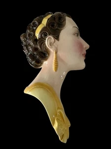 1930's CZECH ART DECO WALL MASK WOMAN w/ CURLY BROWN HAIR SIDE PROFILE - Picture 1 of 8