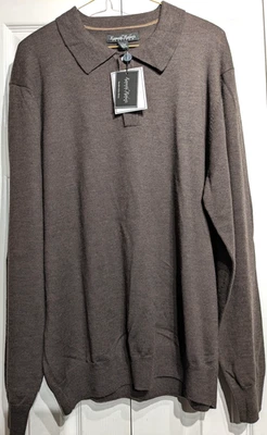 全新 Kenneth Roberts 毛衣 男式 L 棕色 Heather 美利奴羊毛 Polo 长袖 — 第 1/4 张图片