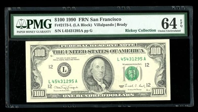 DBR 1990 $100 FRN San Francisco Fr. 2173-L PMG 64 EPQ Serial L45431295A - Image 1 of 2