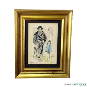Vintage 1976 jüdischer Rabbi & Mädchen mit Ballon signiert Aquarell Gemälde - Bild 1 von 9