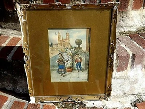 FRAMED AQUARELLE PAINTING FLOWER SELLERS BY CAMILLO GIOIA BARBERA c1860 - Picture 1 of 12