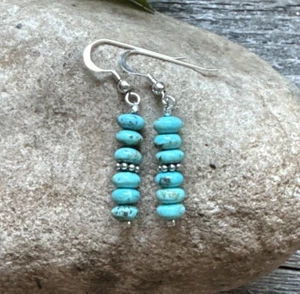 Southwestern 925 Sterling Silver Blue Turquoise Bead Earrings 1 Inch - Foto 1 di 12