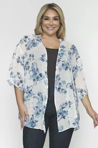 Womens Plus Size Blue and White Floral Kimono Cardigan 1X Gold Shimmer - Picture 1 of 2