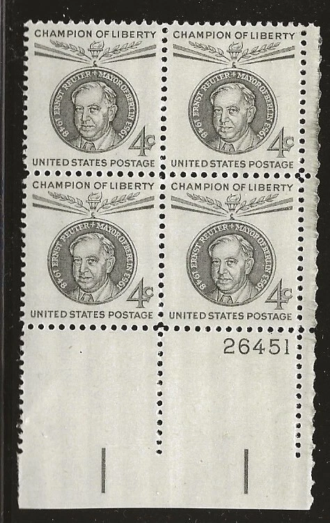 US Scott #1136, Plate Block #26451 1959 Ernst Reuter 4c FVF MNH Lower Right - Image 1 of 1