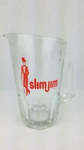 Vtg SLIM JIM Clear Glass Pitcher 48oz Heavy Red Logo 60s MCM Mid Century 9" Tall - Picture 1 of 5