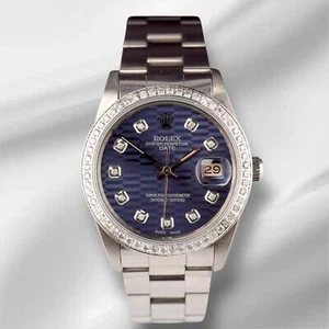 Rolex Date 34mm Ladies 1.5ct Blue Motif Diamond Dial Steel Oyster Watch 15000 - Picture 1 of 11