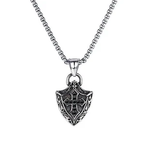 Collier pendentif homme vintage acier inoxydable argenté croix bouclier chaîne punk band - Photo 1/9