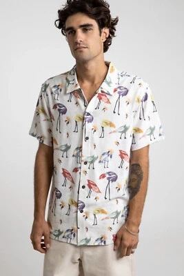 RHYTHM Mens Cranes Natural Short Sleeve Shirt Size S Brand New RRP $79.99 - Image 1 of 4
