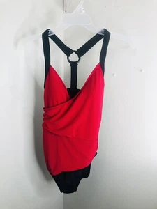 AQUA GREEN Women's One Piece Swimsuit Multi-Color Red/Black T Strap Back Size M - Picture 1 of 7