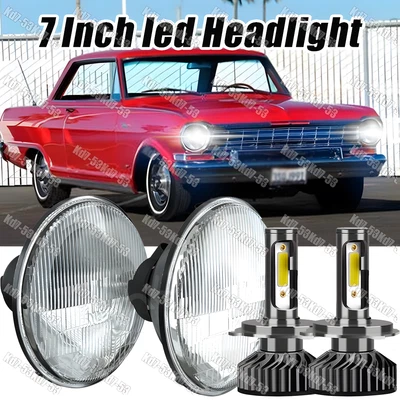 For Chevrolet Chevy II 1964-1967 2PCS 7" inch Round LED Headlights Hi/Lo Beam - Image 1 of 4