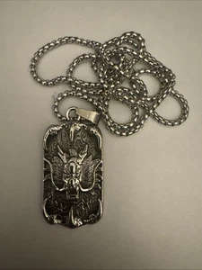 ⚡ Dragon Dog Tag Pendant 🛡️ Necklace Chain Silver Stainless Steel Unisex - Picture 1 of 10