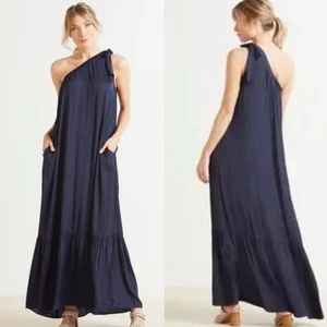 Maxi Vestido EVEREVE Hadley Un Hombro Azul Marino Mediano Niveles Invitado Playa Costera - Imagen 1 de 10