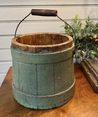 Antique Wood Firkin Bucket ORIGINAL GREEN PAINT AAFA - Image 1 of 4