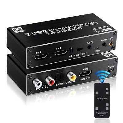 HDMI Switch Audio Extractor, HDMI Switch Splitter 2 Inputs 1 Output with Remote - Image 1 of 4