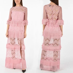 JUST CAVALLI BY ROBERTO CAVALLI DRESS PINK LACE GOWN PLEATED FLOUNCE $970 38 2 - Picture 1 of 14