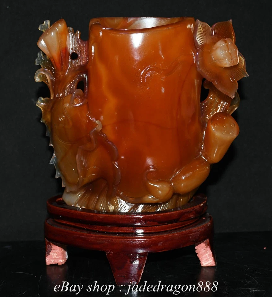 Jarrón lápiz maceta cepillo de flores de loto pez talla ágata roja marca china de 8,4" Foto 1 de 4