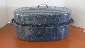 Vintage blau gesprenkelte Emaille 18" Bräter mit Deckel - Bild 1 von 3