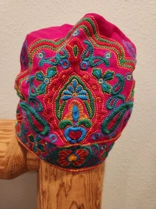 Womens Boho Embroidered Bandana Cap Pink With Back Elastic Colorful Embroidery - Picture 1 of 5