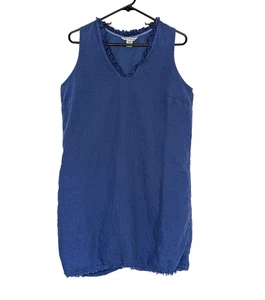 Tommy Bahama Women Sz M Blue 100% Linen Frayed Split Neck Sleeveless Shift Dress - Picture 1 of 4
