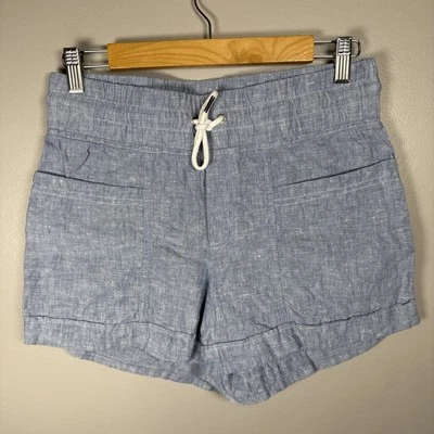Athleta Cabo 亚麻 4 英寸短裤尺寸 4 抽绳中腰布蓝色袖口下摆 — 第 1/4 张图片