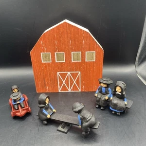 Vintage Miniature Cast Iron Amish Family W/wooden Barn - Picture 1 of 20