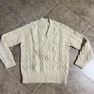 VINTAGE Hand-Knitted New Wool Chunky Fisherman Cable Sweater V-neck Sz 44 - Picture 1 of 5