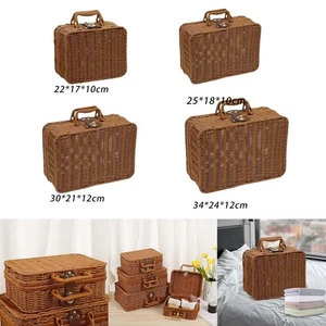 Retro Wicker Suitcase Woven Wicker Storage Basket Vintage Rattan Woven Storage - Picture 1 of 29