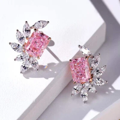 New Rectangle Flower Design Pink White Topaz Gems Charm Women Stud Earrings - Image 1 of 4