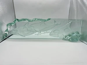 Jerry Perrett Aqua Blue Glass Orca Killer Whale Wave Iceberg Carving Etching - Picture 1 of 10