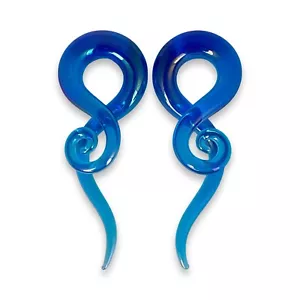 Pair of Blue Iridescent Glass Curled Wave Hangers (PG-609) plugs gauges - Picture 1 of 2